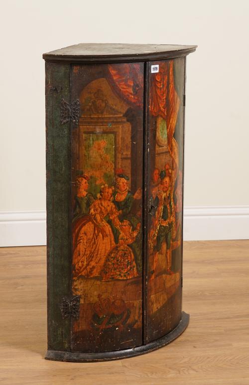 AN 18TH CENTURY POLYCHROME PAINTED BOWFRONT TWO DOOR CORNER CABINET