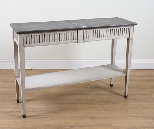 A POLYCHROME PAINTED TWO DRAWER CONSOLE TABLE