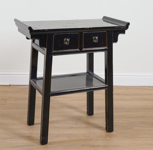 AN EARLY 20TH CENTURY CHINESE EXPORT BLACK LACQUER TWO DRAWER SIDE TABLE
