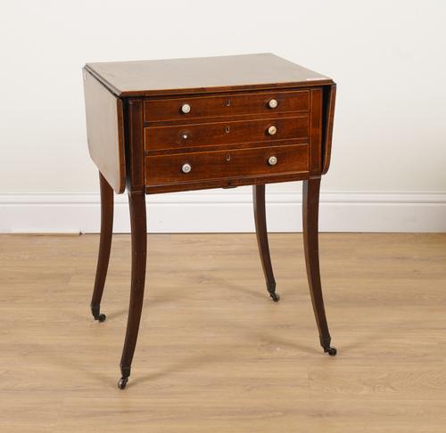A GEORGE III INLAID MAHOGANY DROP FLAP THREE DRAWER WORK TABLE