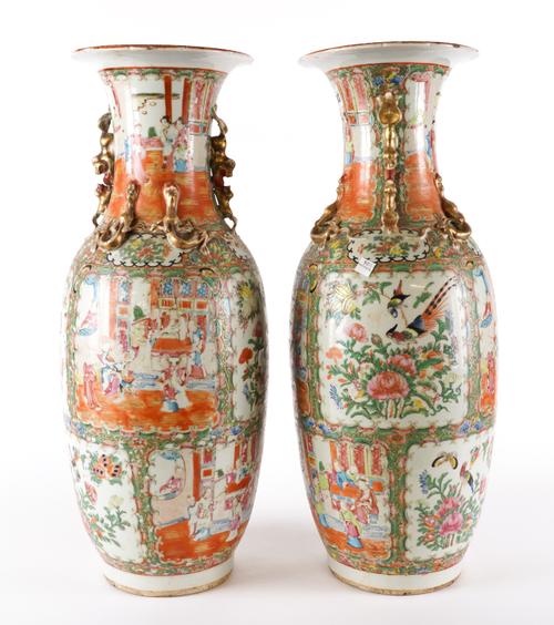 A PAIR OF TALL CANTON FAMILLE-ROSE BALUSTER VASES (2)