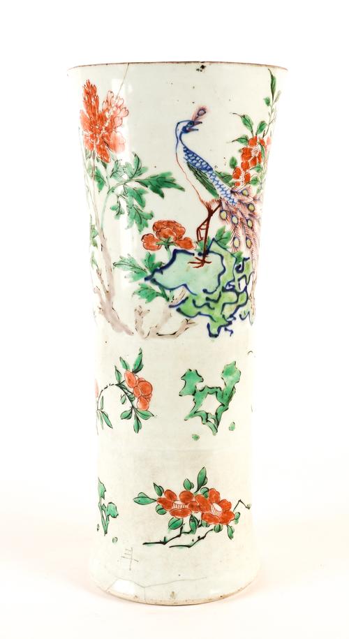 A CHINESE POLYCHROME SLEEVE VASE