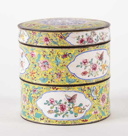 A CANTON ENAMEL YELLOW-GROUND TWO-TIER CYLINDRICAL BOX AND COVER