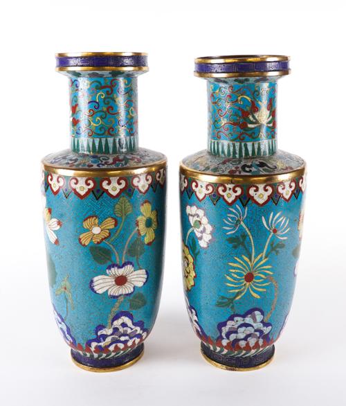A PAIR OF LARGE CHINESE CLOISONNE ROULEAU VASES (2)