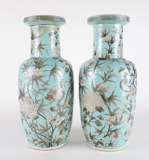 A PAIR OF TALL CHINESE TURQUOISE-GROUND ROULEAU VASES (2)
