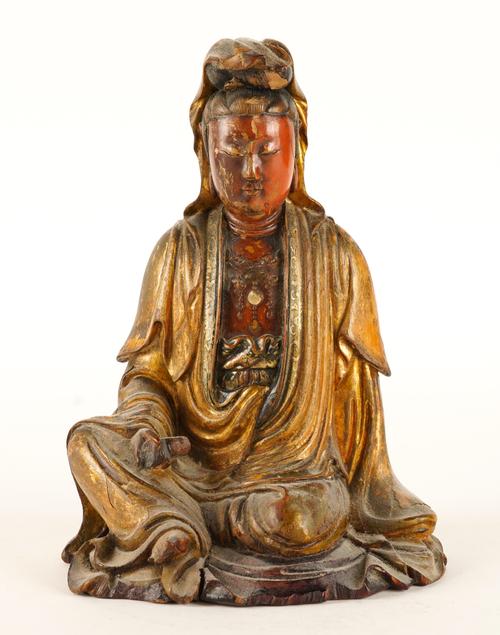 A CHINESE LACQUERED AND GILT WOOD FIGURE OF GUANYIN