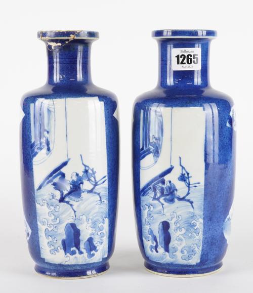 TWO SIMILAR CHINESE POWDER-BLUE -GROUND BLUE AND WHITE ROULEAU VASES (2)