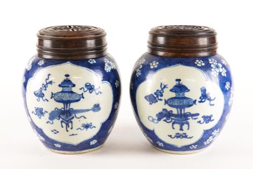 A PAIR OF CHINESE BLUE AND WHITE GINGER JARS