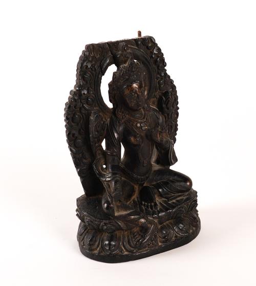 A CARVED WOOD FIGURE OF TARA