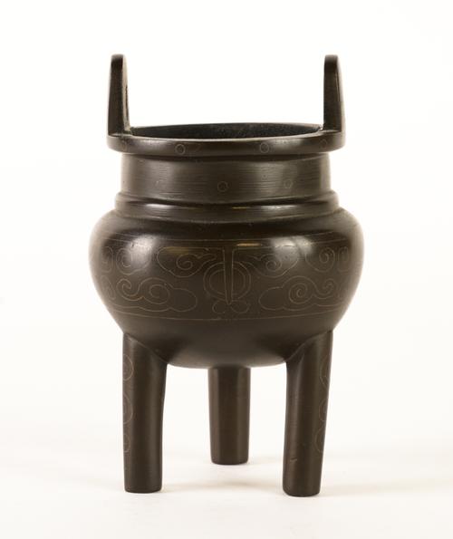 A CHINESE SILVER-WIRE INLAID SMALL BRONZE CENSER