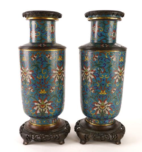 A GOOD PAIR OF CHINESE CLOISONNE ROULEAU VASES WITH BRONZE MOUNTS (2)