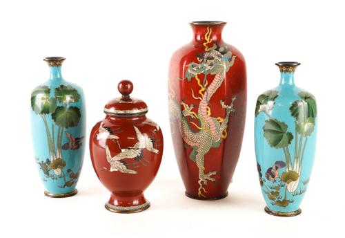 FOUR JAPANESE CLOISONNE VASES AND ONE COVER (5)
