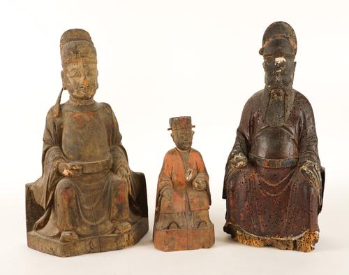 TWO CHINESE CARVED WOOD FIGURES OF SEATED DIGNITARIES