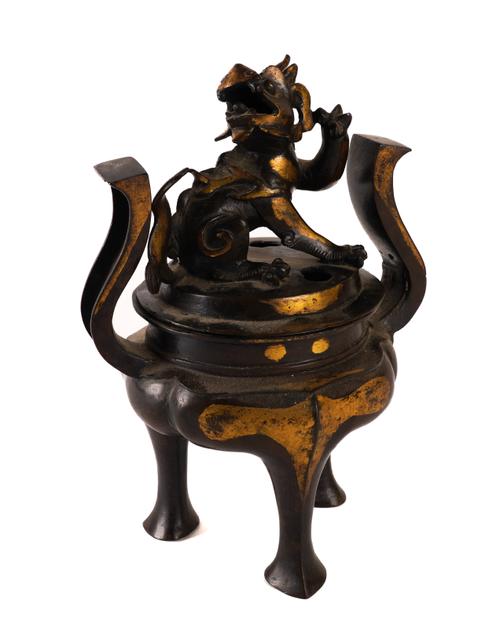 A CHINESE PARCEL-GILT BRONZE TRIPOD CENSER (2)