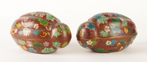 TWO SIMILAR CHINESE CLOISONNE GOURD SHAPED BOXES AND COVERS (4)