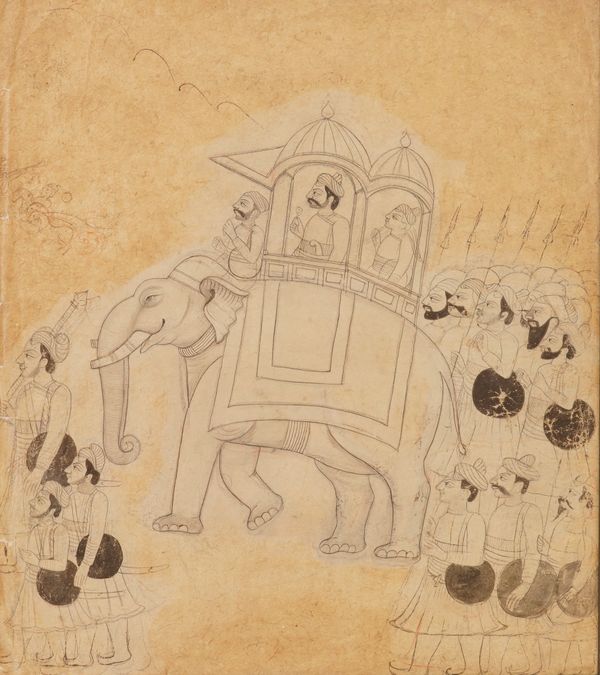 A PAHARI DRAWING OF AN ELEPHANT PROCESSION