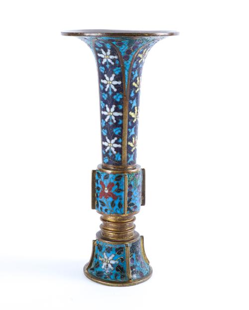 A RARE CHINESE CLOISONNE ENAMEL BEAKER VASE, GU