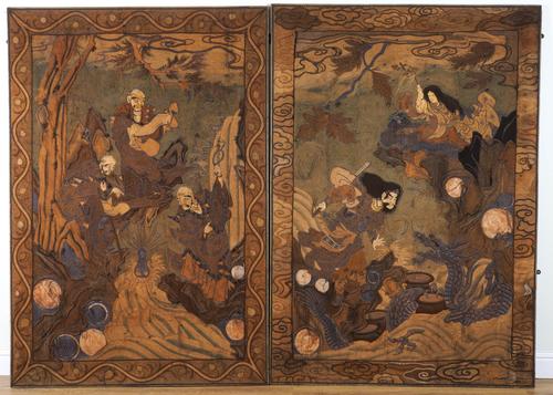 A PAIR OF LARGE JAPANESE EMROIDERED AND APPLIQUE RECTANGULAR PANELS