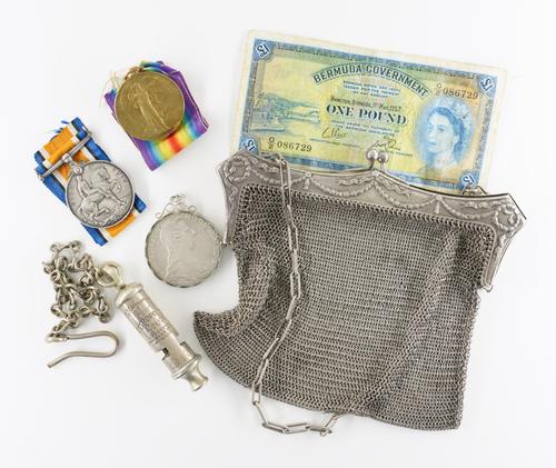 TWO FIRST WORLD WAR MEDALS AND FOUR FURTHER ITEMS (6)