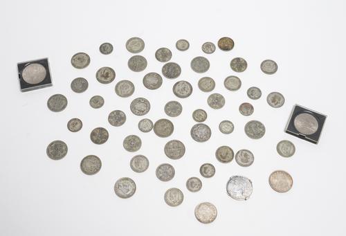 A GROUP OF BRITISH PRE-DECIMAL COINS AND TWO FOREIGN COINS (QTY)