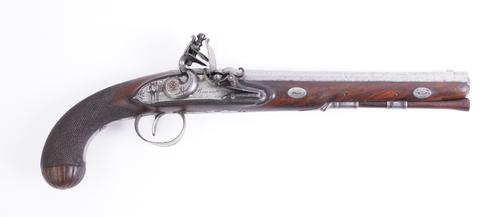 A GEORGE III FLINTLOCK HOLSTER PISTOL BY BENNETT, LONDON