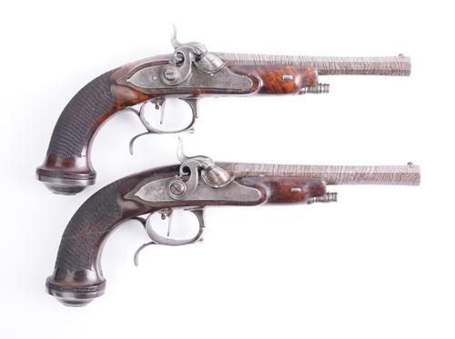 A PAIR OF PERCUSSION PISTOLS BY BRUNEEL OF LYON (2)