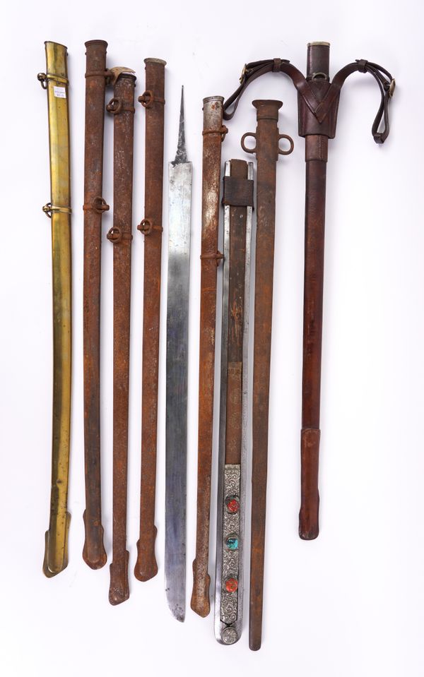 A GROUP OF ASSORTED SCABBARDS AND A BLADE (9)