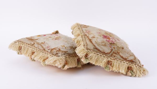 TWO TAPESTRY FRAGMENT MOUNTED CUSHIONS (2)