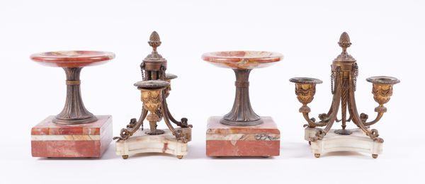 A PAIR OF FRENCH GILT-METAL AND ALABASTER CANDELABRA AND A PAIR OF TAZZE (4)