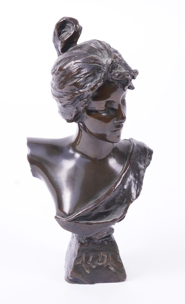 AFTER A MODEL BY EMMANUEL VILLANIS (FRENCH 1858-1914): A FRENCH BRONZE CAST BUST OF A LADY ENTITLED ‘ALDA’