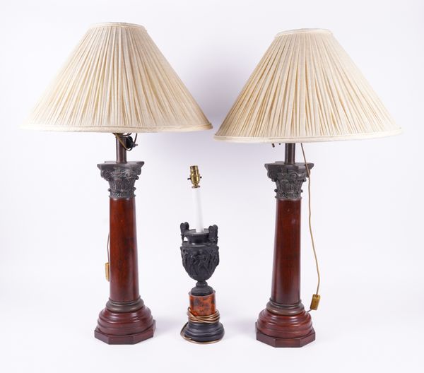 A PAIR OF MAHOGANY CORINTHIAN COLUMN TABLE LAMPS (3)