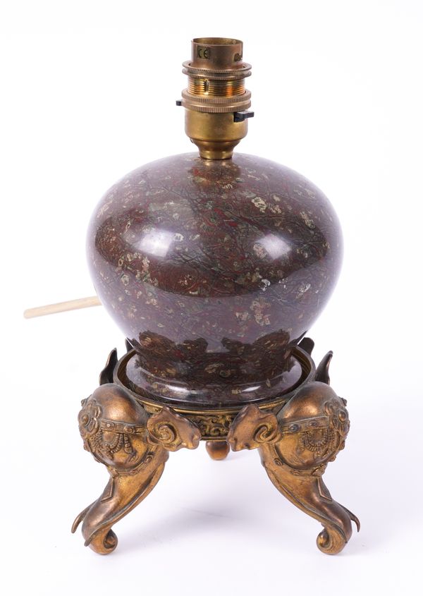 A SERPENTINE MARBLE AND GILT-METAL MOUNTED TABLE LAMP