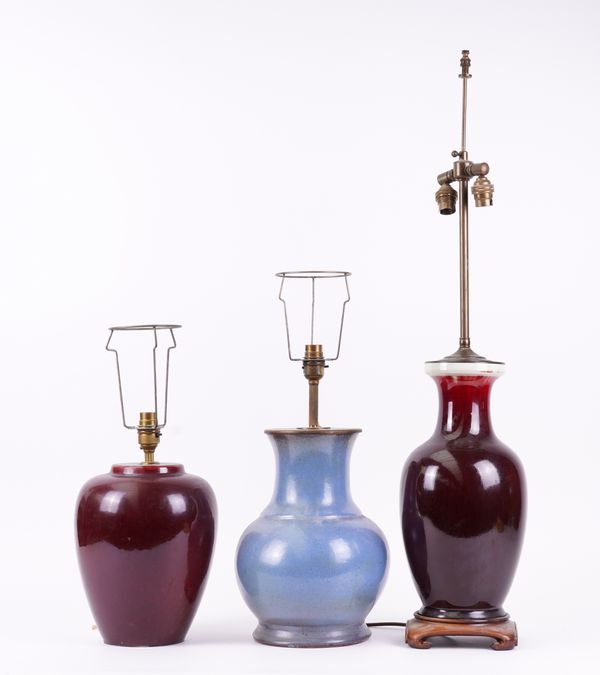 THREE TABLE LAMPS INCLUDING A CHINESE FLAMBÉ GLAZED BALUSTER VASE LAMP (3)