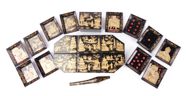 A SET OF CHINESE-EXPORT GILT LACQUER DECORATED GAMING BOXES AND MATCHING PLAYING CARD TRAYS (QTY)