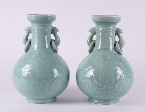 A PAIR OF CHINESE CELADON CERAMIC BALUSTER VASES (2)