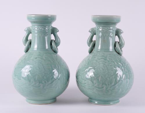 A PAIR OF CHINESE CELADON CERAMIC BALUSTER VASES (2)