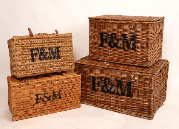 A GROUP OF FOUR GRADUATED FORTUM & MASON WICKER HAMPERS (4)