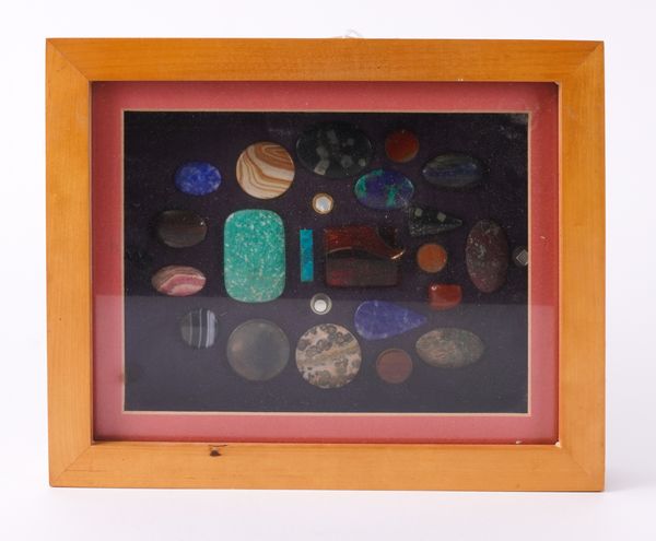 A FRAMED GROUP OF HARDSTONE SAMPLES AND VARIOUS HARDSTONE BOWLS (6)