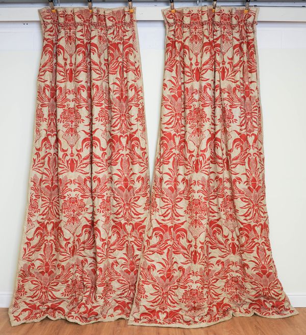 A SET OF FOUR CORAL AND BROWN CURTAINS AND TWO DEMI-LUNE PELMET BOARDS (6)