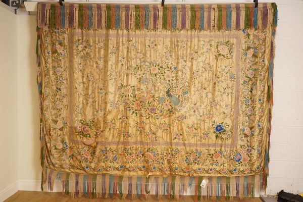 A CHINESE EXPORT EMBROIDERED SILK BED COVERLET