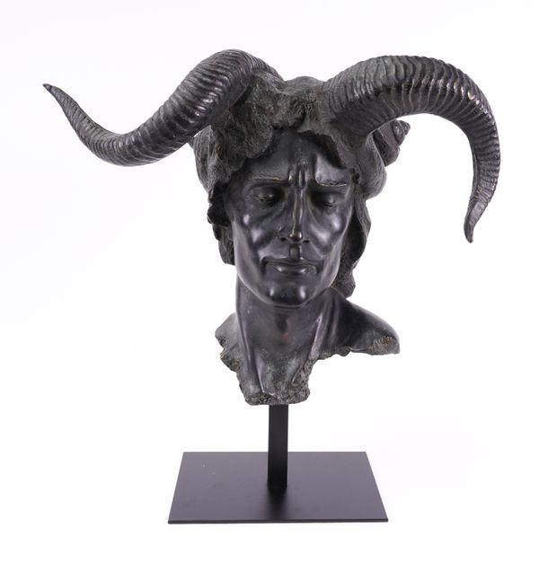 A BRONZE EFFECT RESIN BUST OF A FAUN