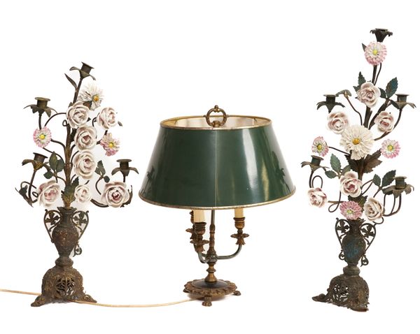 A NEAR PAIR OF FRENCH GILT-METAL AND CERAMIC MOUNTED FIVE LIGHT CANDELABRA (3)