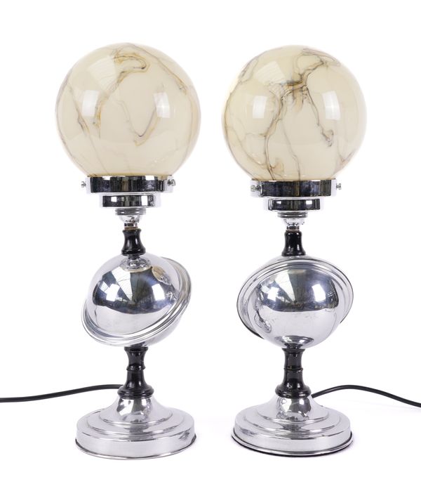 A PAIR OF NICKEL AND GLASS GLOBE TABLE LAMPS (2)