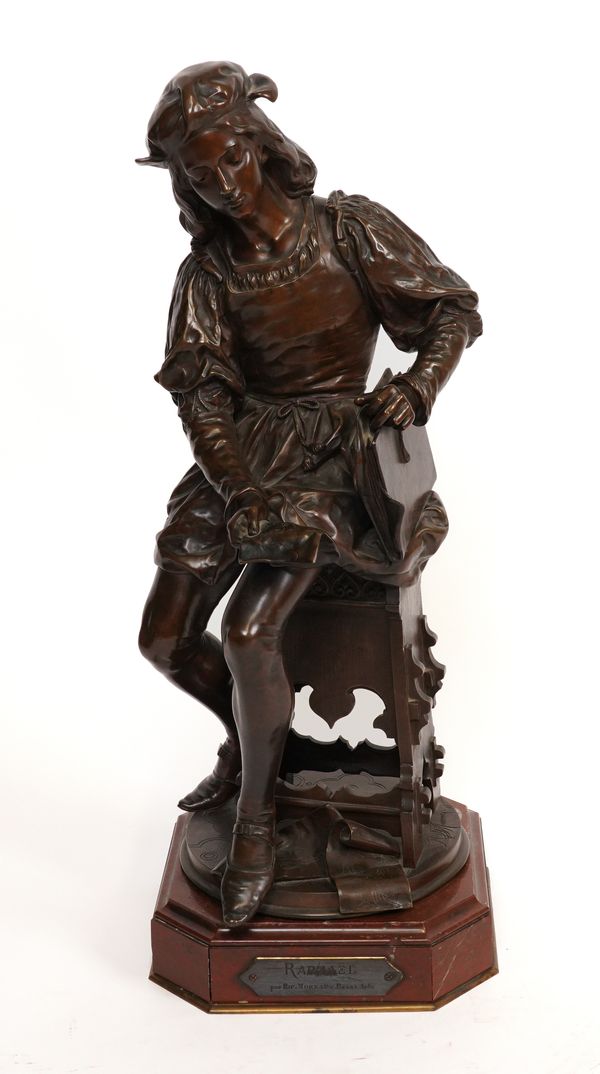 HIPPOLYTE FRANCOIS MOREAU (FRENCH 1832-1927): A FRENCH BRONZE MODEL OF THE SEATED ARTIST RAPHAEL