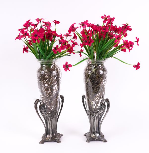 A PAIR OF JUGENDSTIL SILVER-PLATE AND GLASS VASES (2)