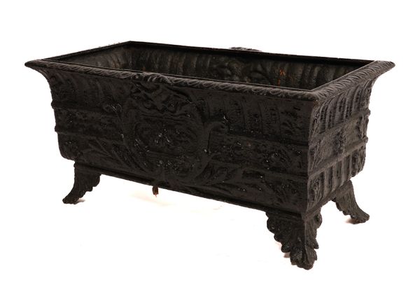 A BLACK PAINTED RECTANGULAR CAST IRON JARDINERE