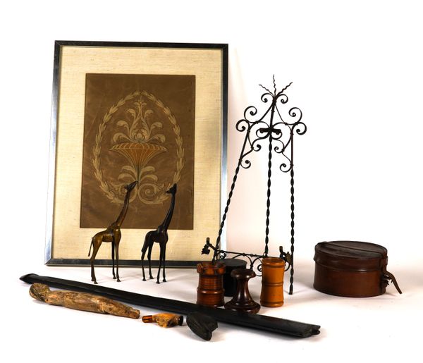 A GROUP OF ITEMS INCLUDING AN EMBROIDERED PANEL, FOUR TREEN CONTAINERS, A WROUGHT IRON TABLE EASEL AND TWO BRONZE GIRAFFES (12)