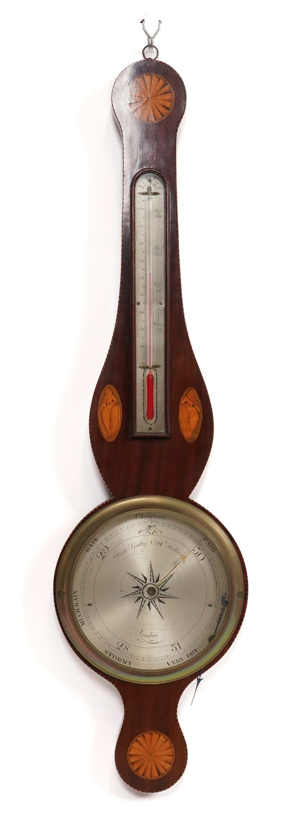 A GEORGE III MAHOGANY, CHEQUER OUTLINED AND SHELL-INLAID WHEEL BAROMETER