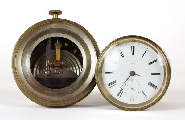 A BRASS CASED DRUM-SHAPED LEVER TIMEPIECE BY ROBERT ROSKELL, LIVERPOOL, NO. 53239 AND A BRASS CASED ANEROID ALTIMETER BY NIGER CO. (2)