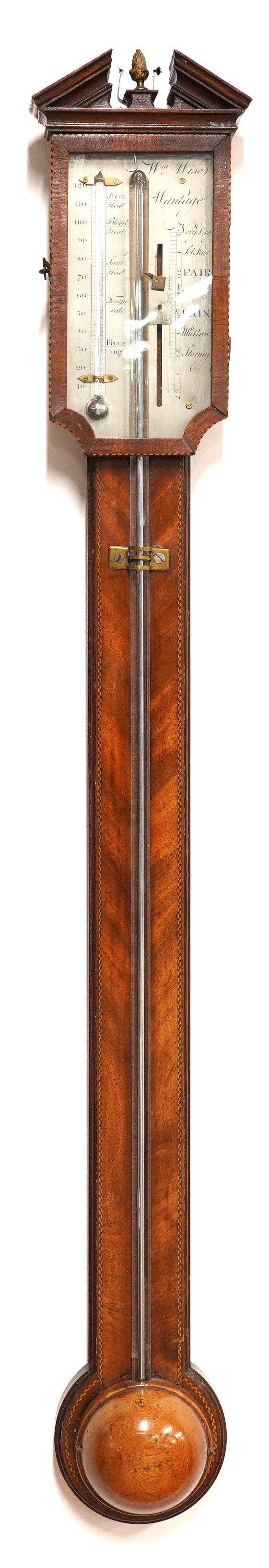 A GEORGE III MAHOGANY AND CHEQUER OUTLINED STICK BAROMETER